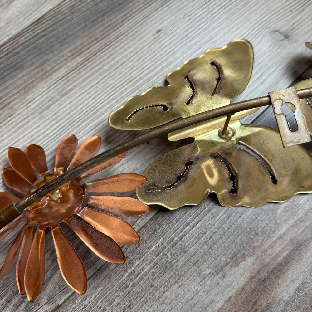 Vintage Brass Butterfly Wall Art‎ Set of 2 Copper Flowers 1970s